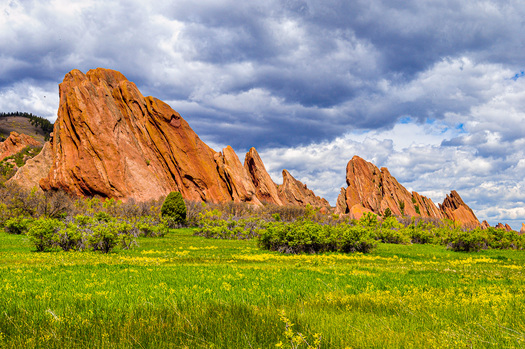 Tilted red sandstone formations.