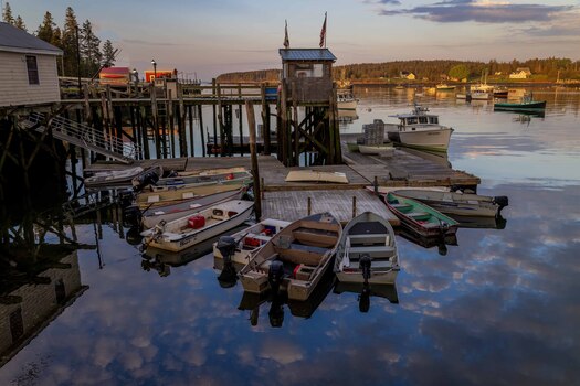 small boats around a dock and pier