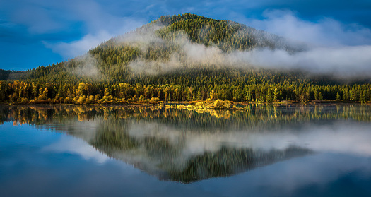 Tree-covered hill and clouds reflected in still water